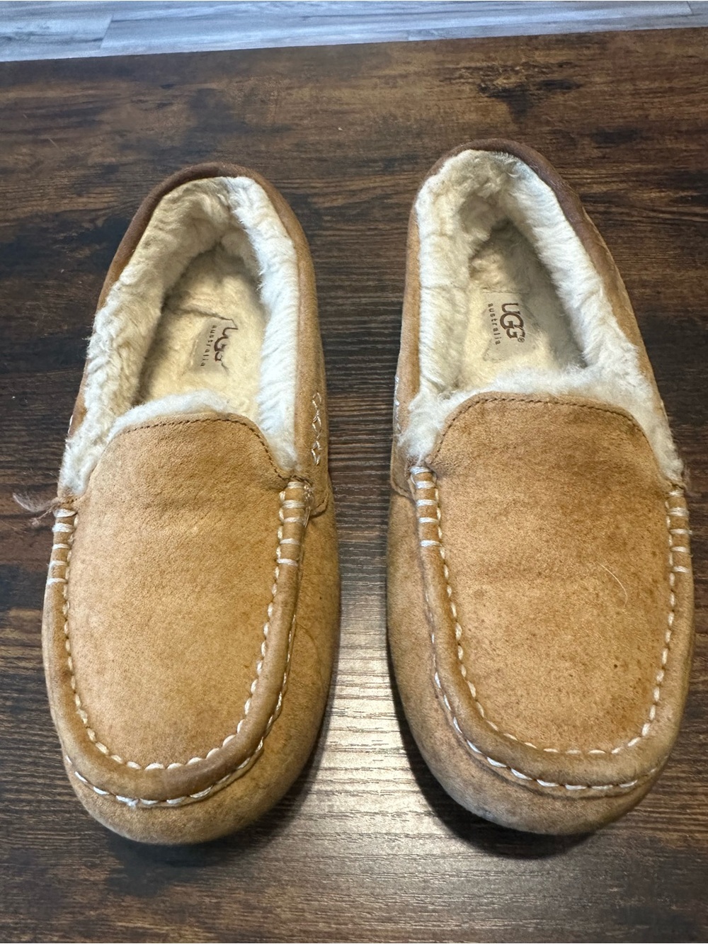 UGG women’s Chestnut Suede Moccasin Slippers with Shearling Lining